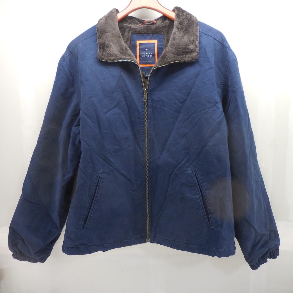 Tommy Hilfiger Mens Navy Blue Faux Fur Pile Lined Full Zip Jacket Coat Large